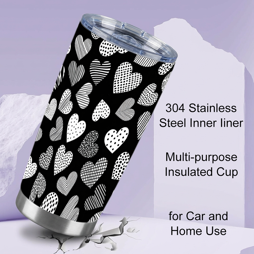Tumbler 20Oz White - Black & White Hearts 304 Stainless